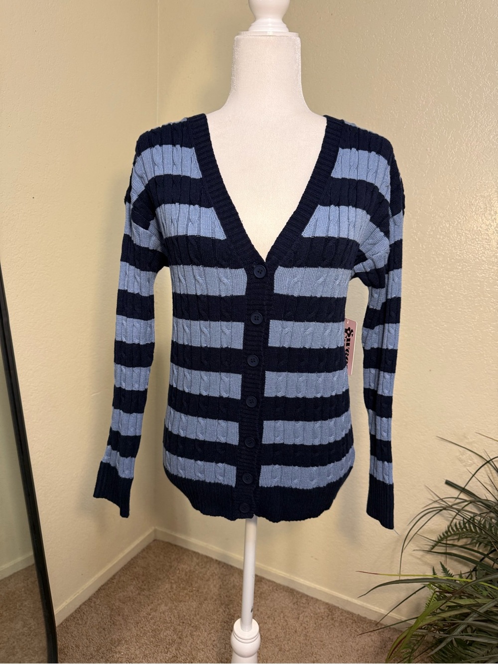 Striped V-Neck Button-Up Cardigan Sweater - Navy & Light Blue